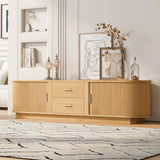 TV Stand American Style Acacia MDF Sliding Door Rounded Corners Fits 75 In TV