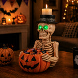 Halloween Skeleton Figurine with Pumpkin Candy Bowl & Candle Holder, Spooky Tabl