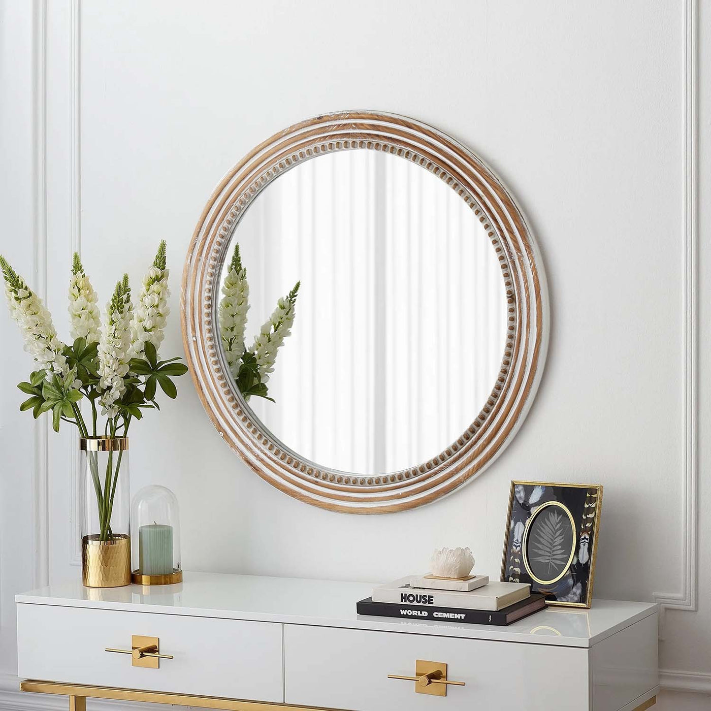 Rustic Round Wood Wall Mirror 35.43" White Farmhouse Beaded