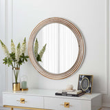Rustic Round Wood Wall Mirror 35.43" White Farmhouse Beaded