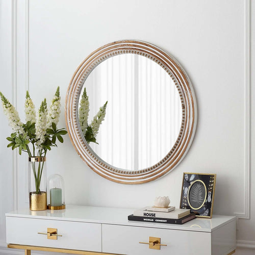Rustic Round Wood Wall Mirror 35.43" White Farmhouse Beaded