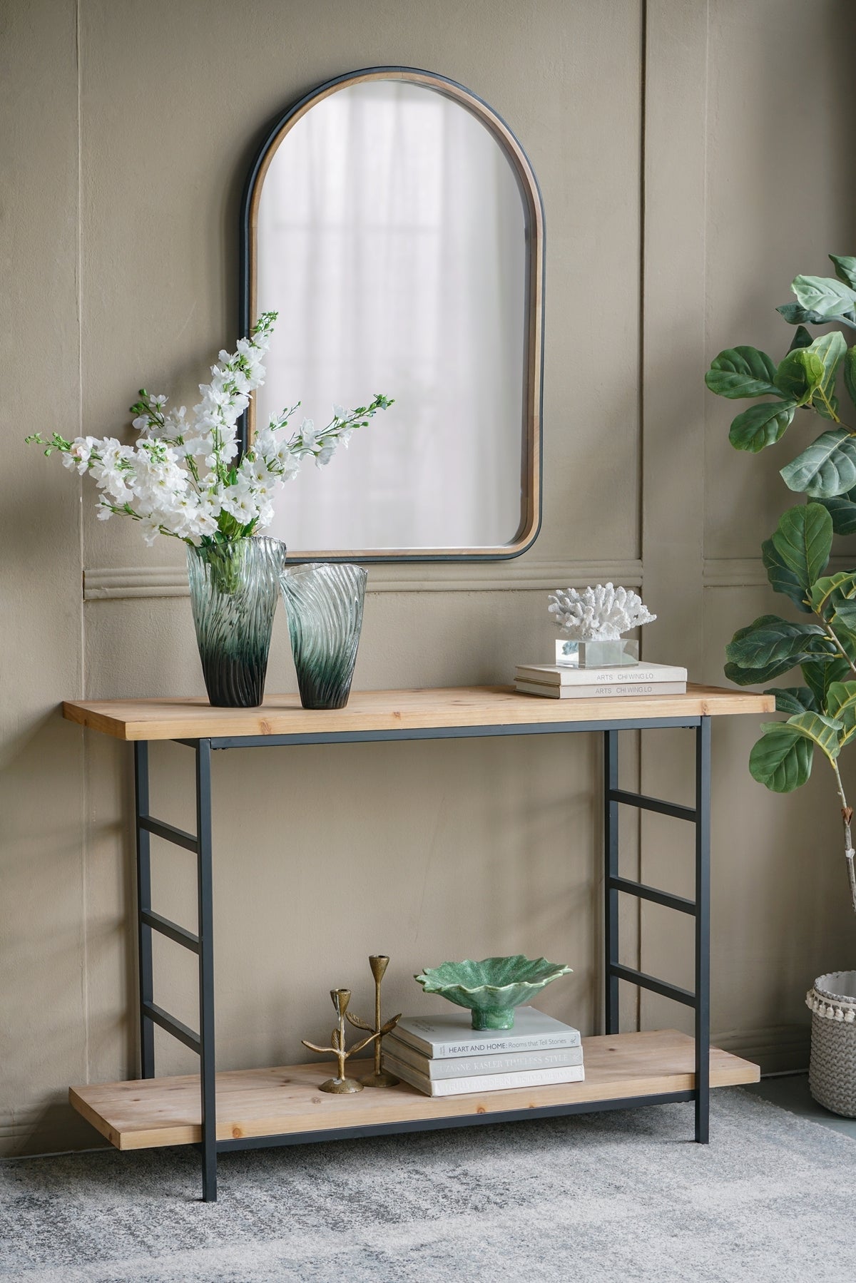 48x16x32 2-Tier Wood Iron Console Table Black Industrial