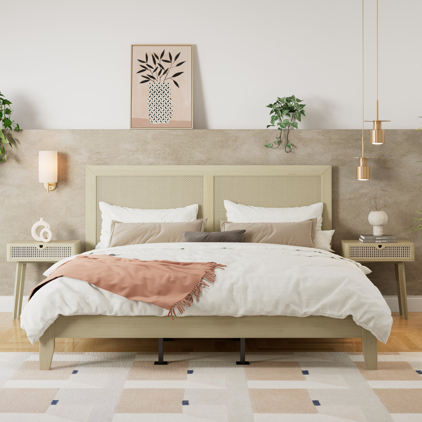 Solid Wood Platform California King Bed With Rattan