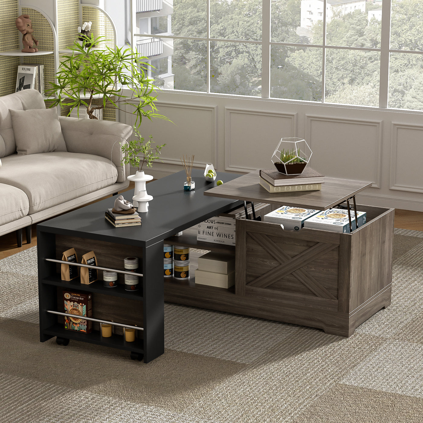 Farmhouse Lift Top Coffee Table With Barn Doors Storage
