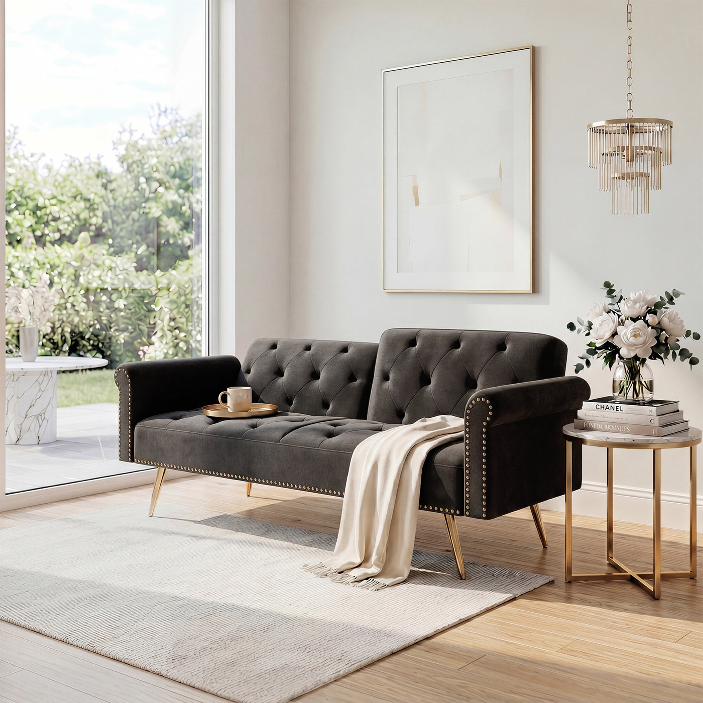 Ultra-Soft Black Velvet Convertible Sofa Bed with Nailhead Trim