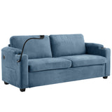 Navy Blue Corduroy Sleeper Sofa Loveseat with Full Size Mattress, USB Ports, Cup Holders, Side Pockets and Phone Holder