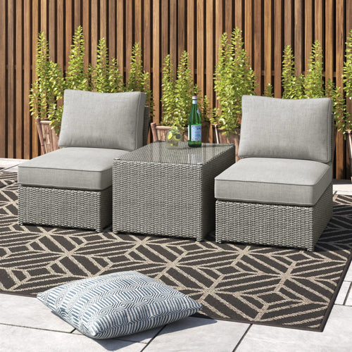 Outdoor Patio Set HDPE Wicker Gray 3 Piece 2 Armless Chairs Glass Table