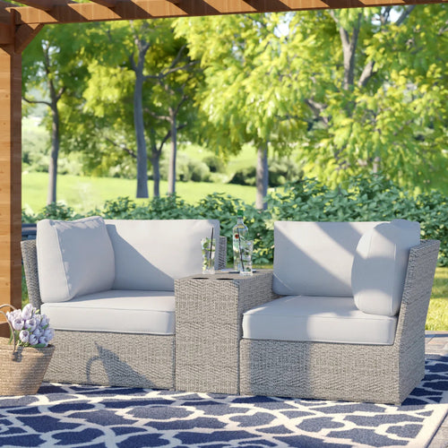 Outdoor Patio Loveseat Set HDPE Wicker Gray 3 Piece Cup Holder Table