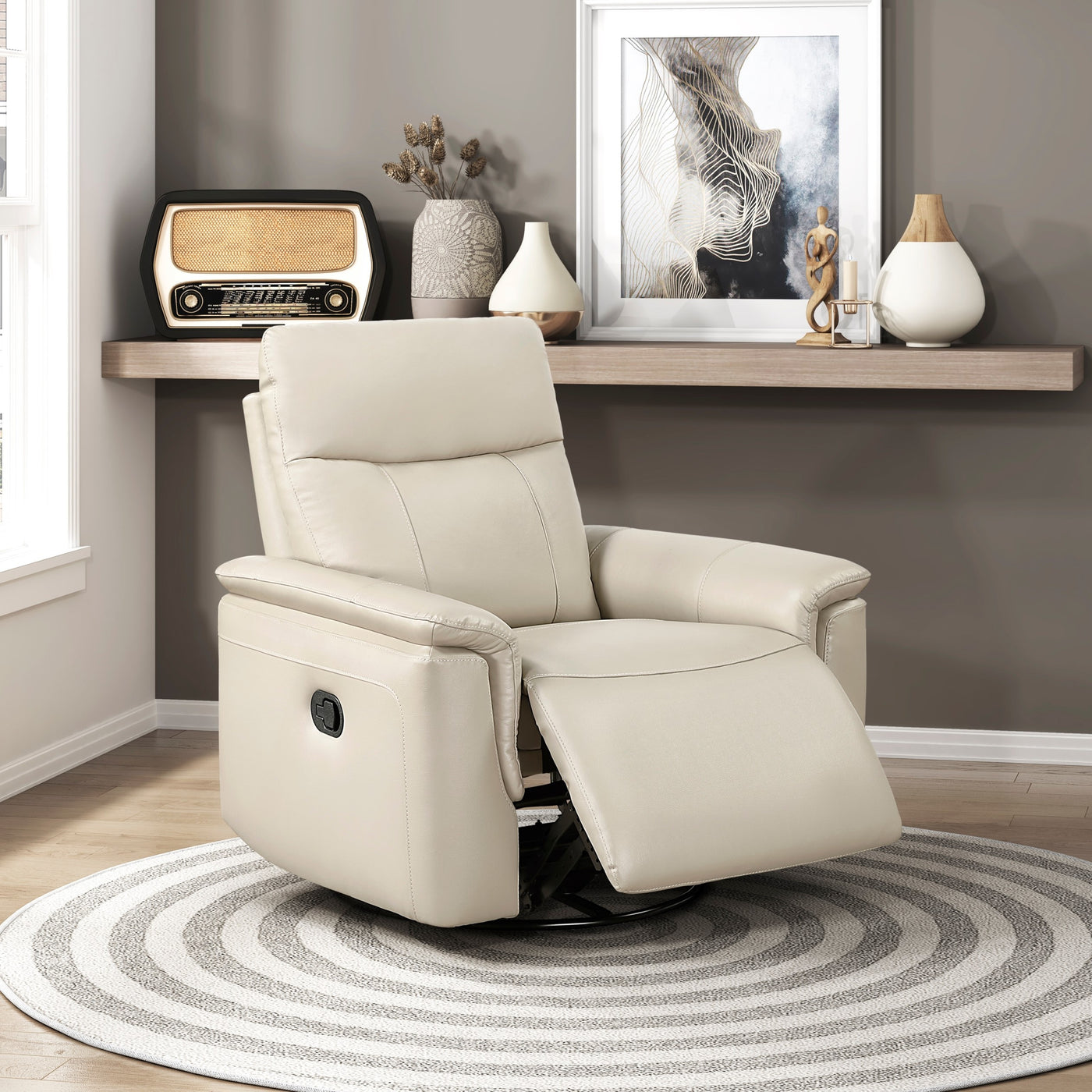 Taupe Leather Swivel Recliner Chair with Gliding Motion