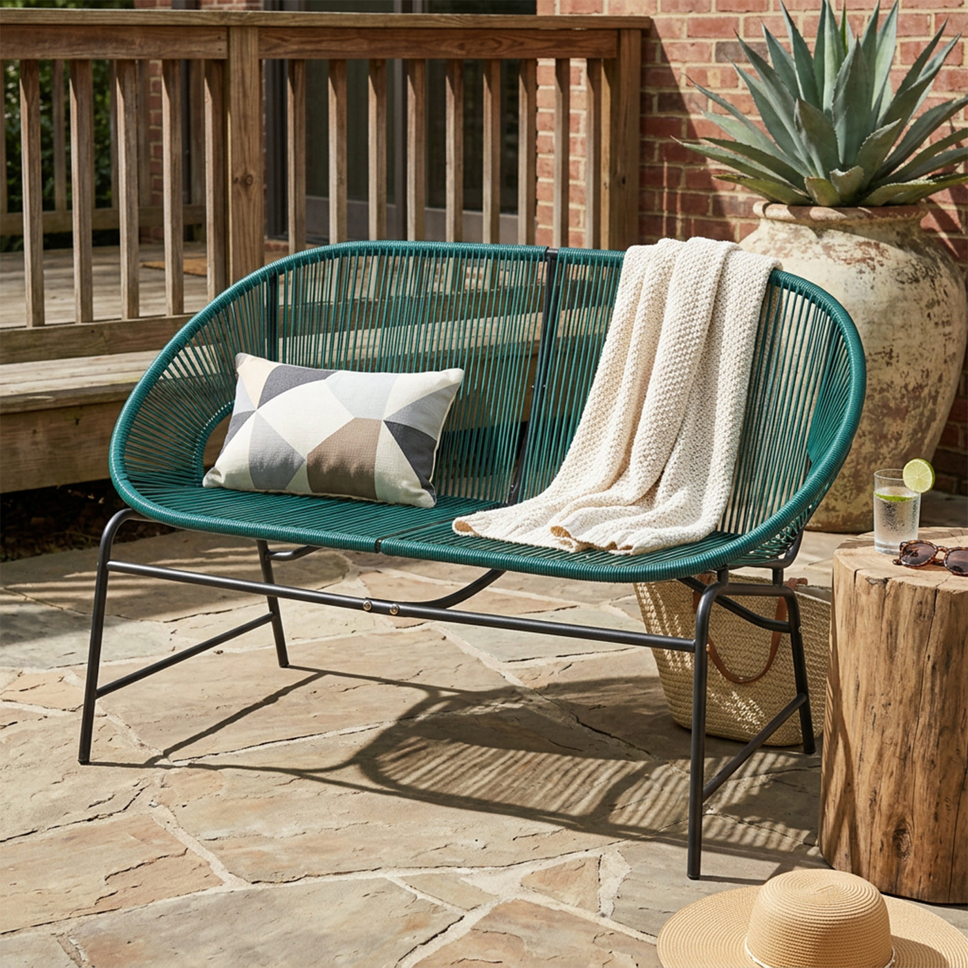 CONDESSA OUTDOOR PATIO WICKER LOVE SEAT, GREEN PE RATTAN & IRON FRAME, SET OF 1