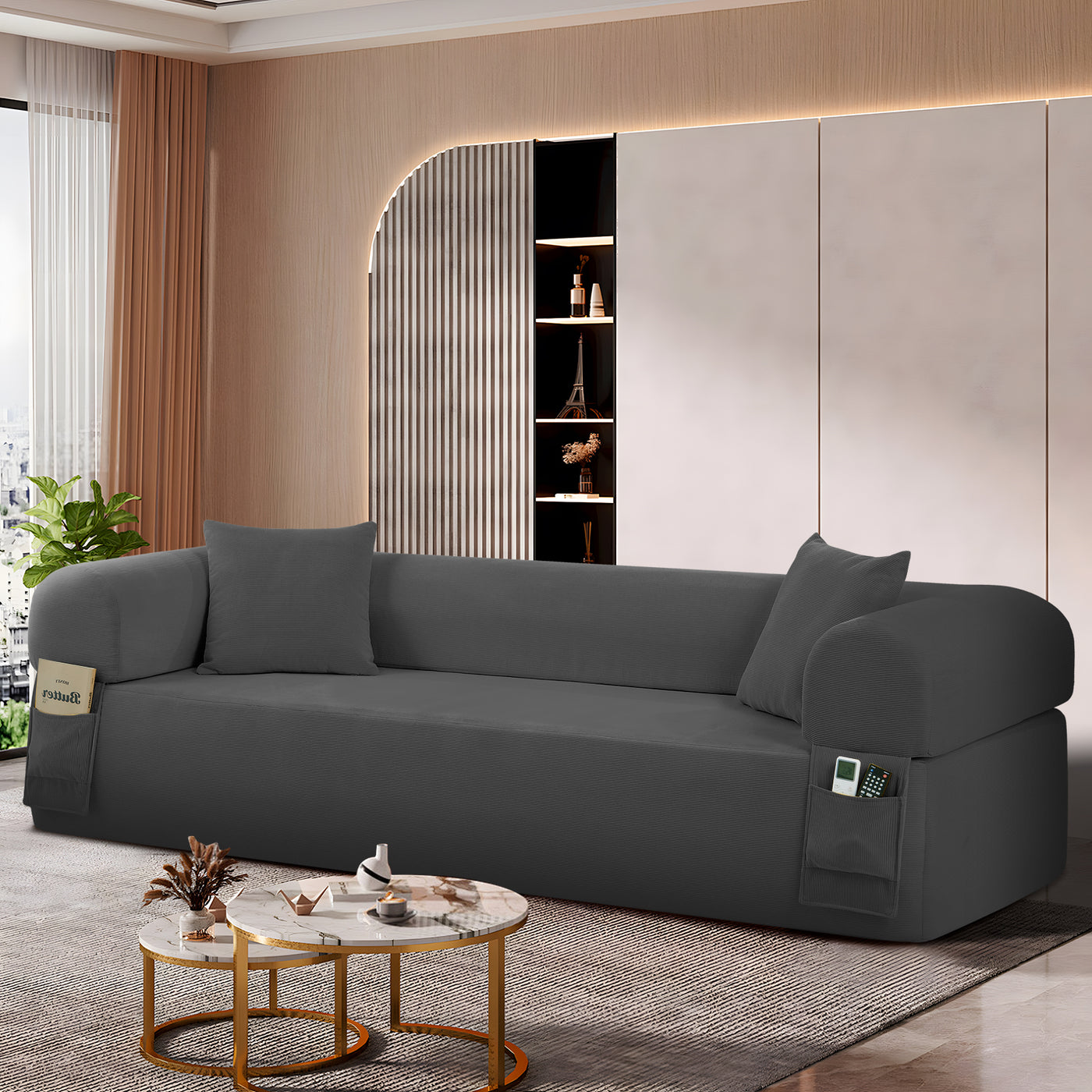 Gray Spring Sofa with High-Density Foam and Storage