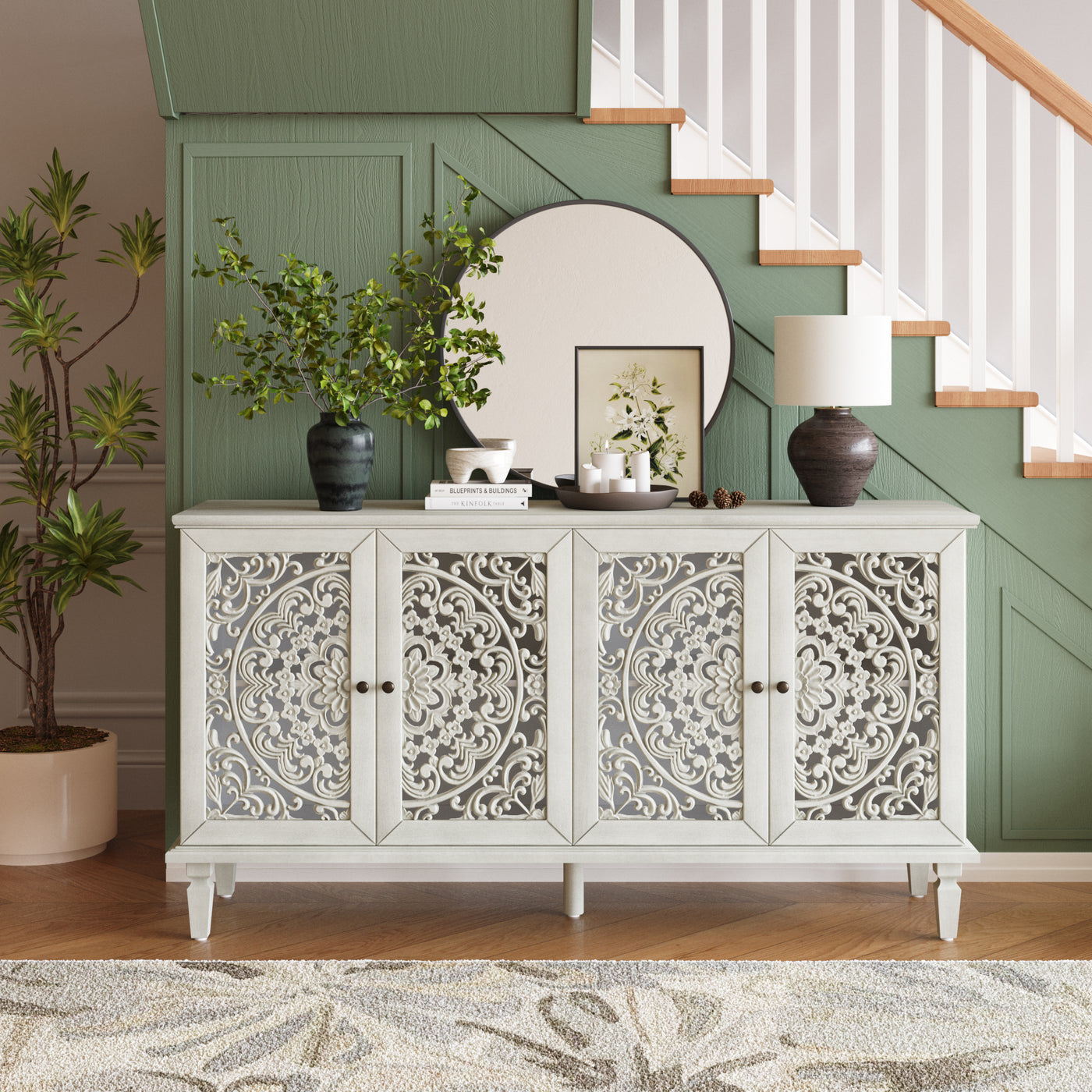 60" Antique Buffet Cabinet Solid Wood Brass Handles