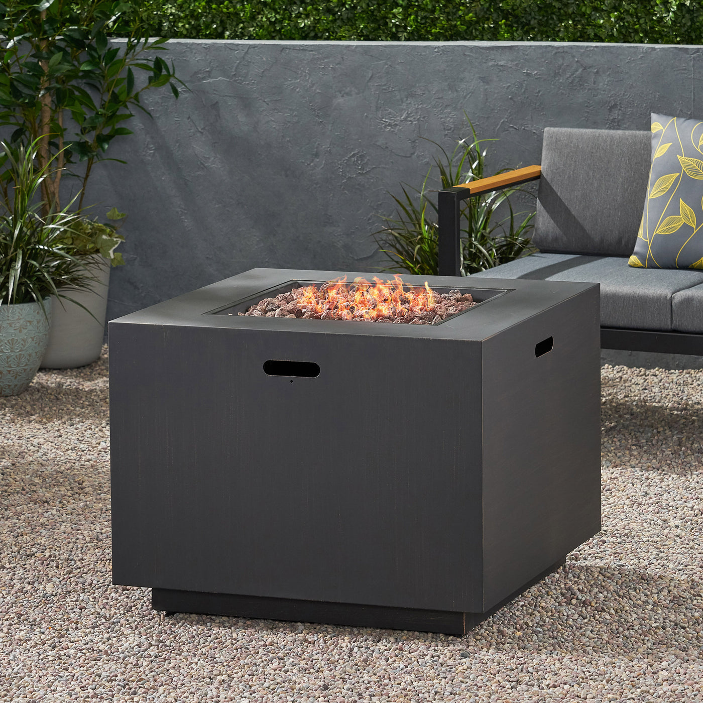 33' Outdoor Iron Square Propane Fire Pit, Tank Inside, Brushed Brown - 50,000 BTU