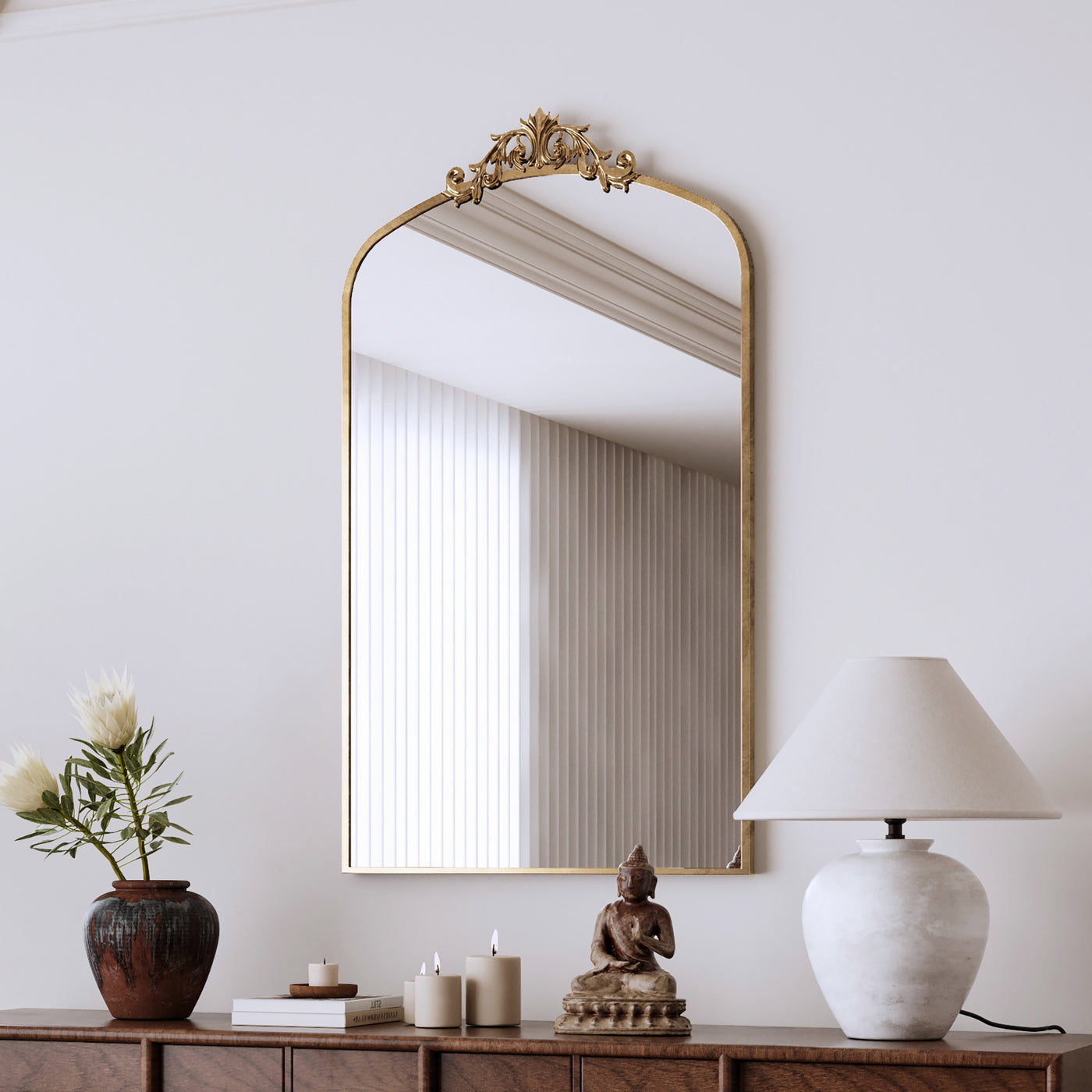Vintage Arched Floor Mirror 43x24" Antique Bronze Metal Frame