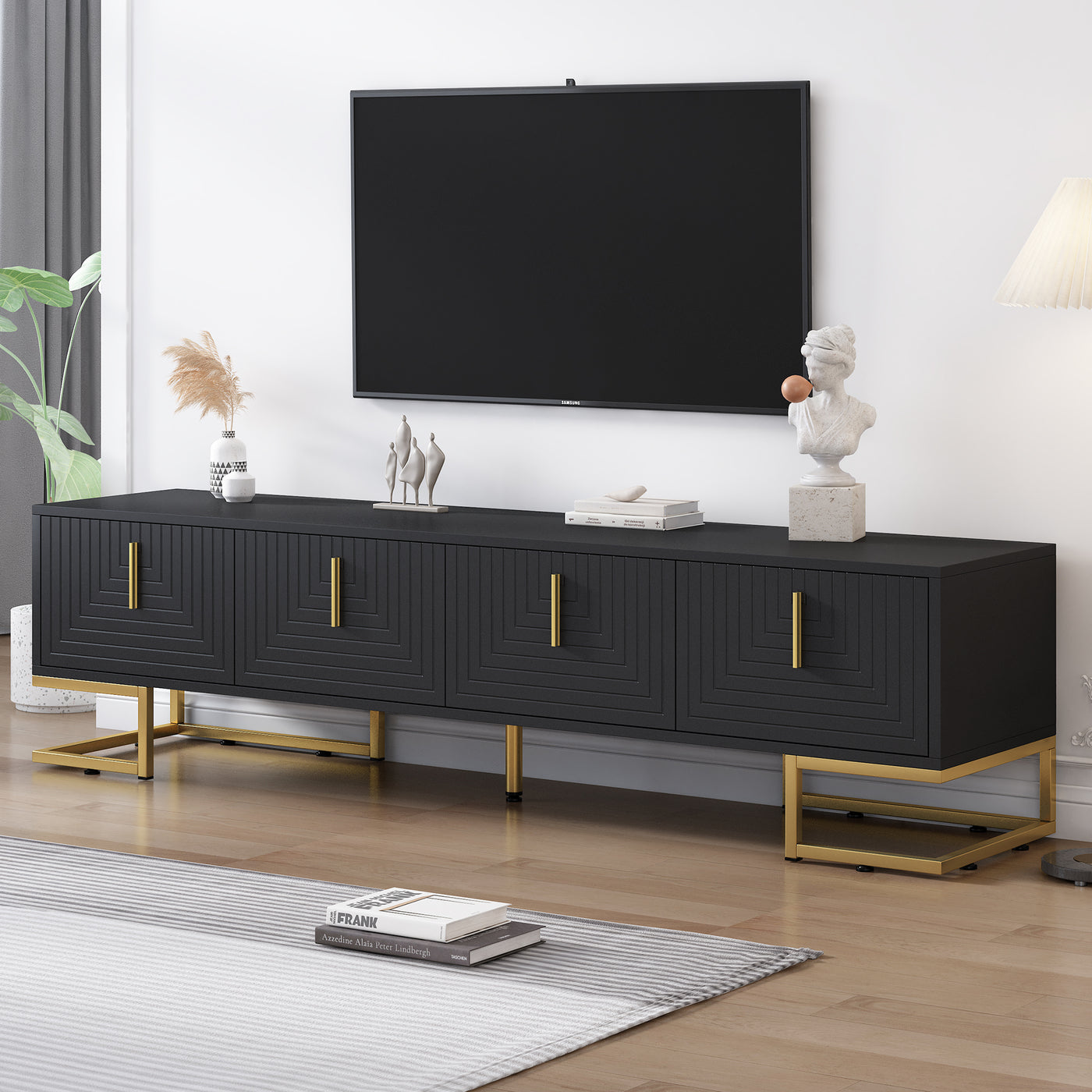 TV Stand Modern Black Gold Geometric Door MDF Adjustable Shelves Fits 80 In