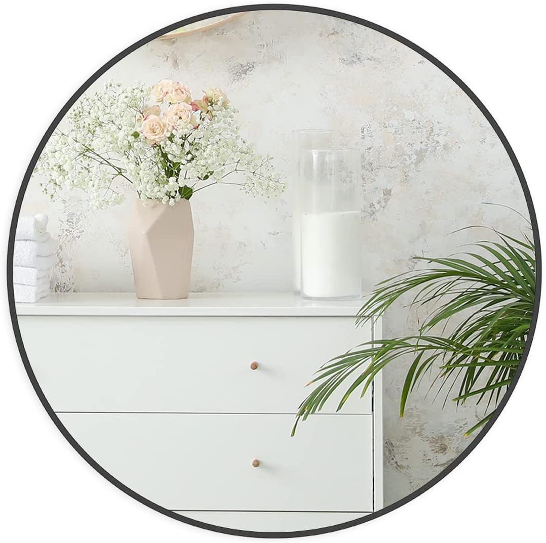 30 Inch Black Metal Framed Round Bathroom Mirror