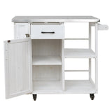 Outdoor Kitchen Island White Fir Wood Prep Station with Stainless Steel Top, Lockable Wheels, Towel and Spice Racks, 40.5L x 18.5W x 35.6H