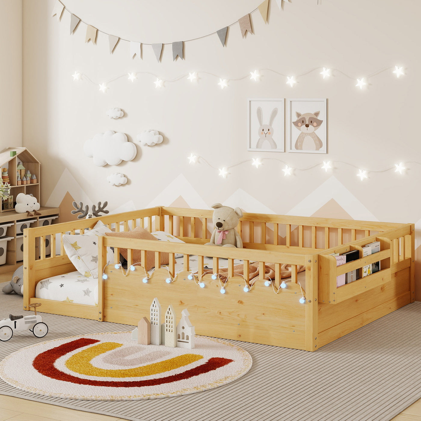 Montessori Wood Floor Bed Frame with Rails and Storage