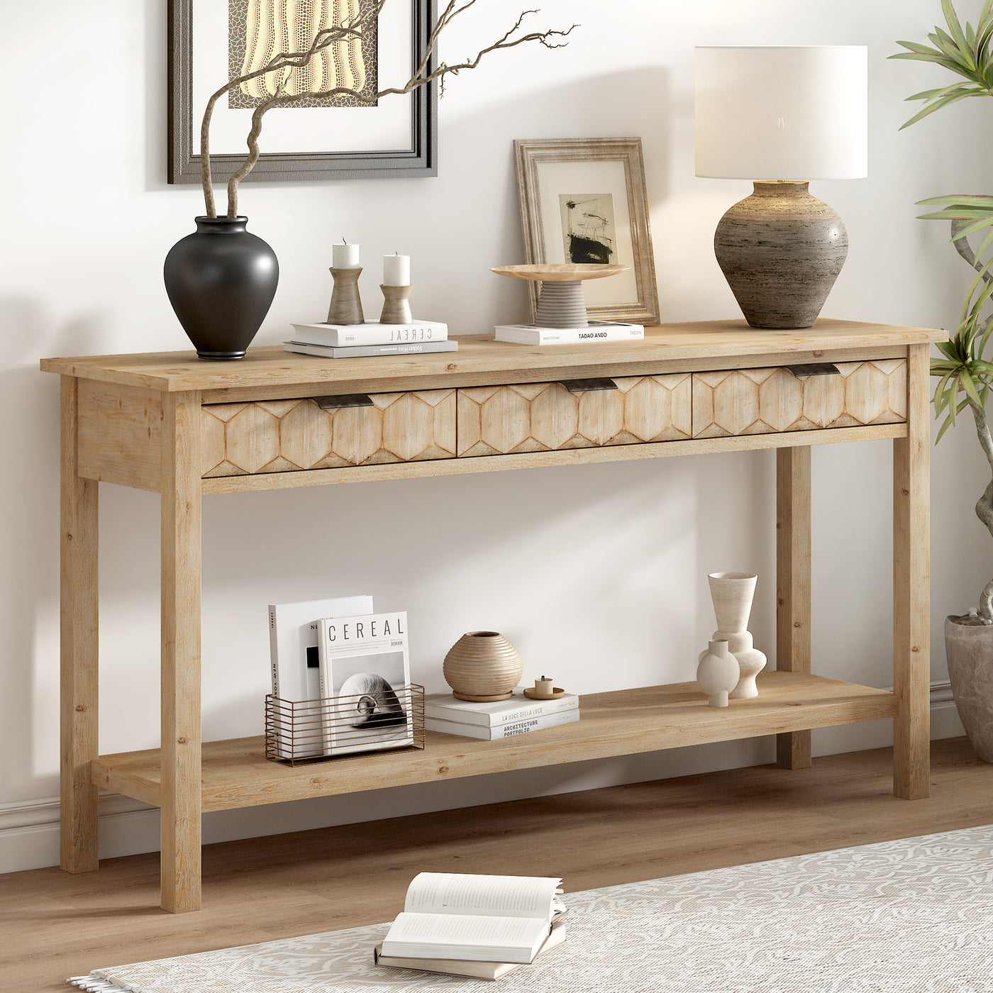U_Style 58.3'' Fir Veneer Entryway Table with Honeycomb-patterned Fronts,Modern Stylish Console Table with 3 Drawers and Solid Fir legs,Suitable for Living Room,Entryway, Hallway, Study, Foyer