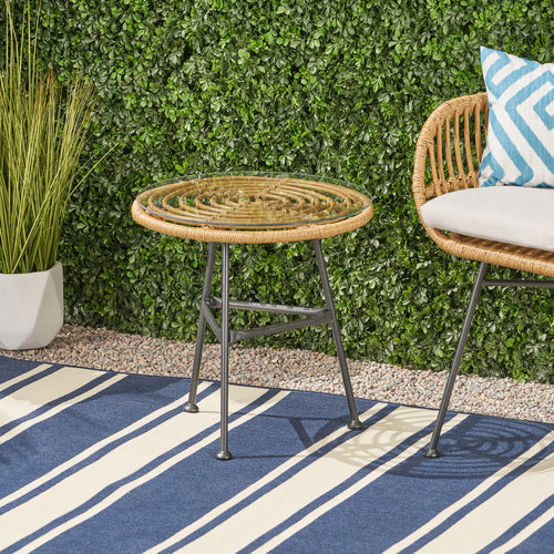 Petrichor Outdoor Side Table Tempered Glass Steel Frame Light Brown