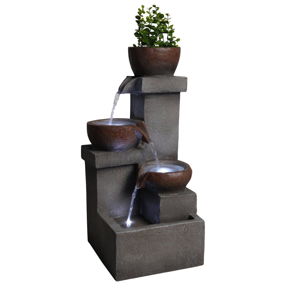 LED-Lit Rock Waterfall Fountain - Gray Resin Outdoor Water Feature for a Tranqui