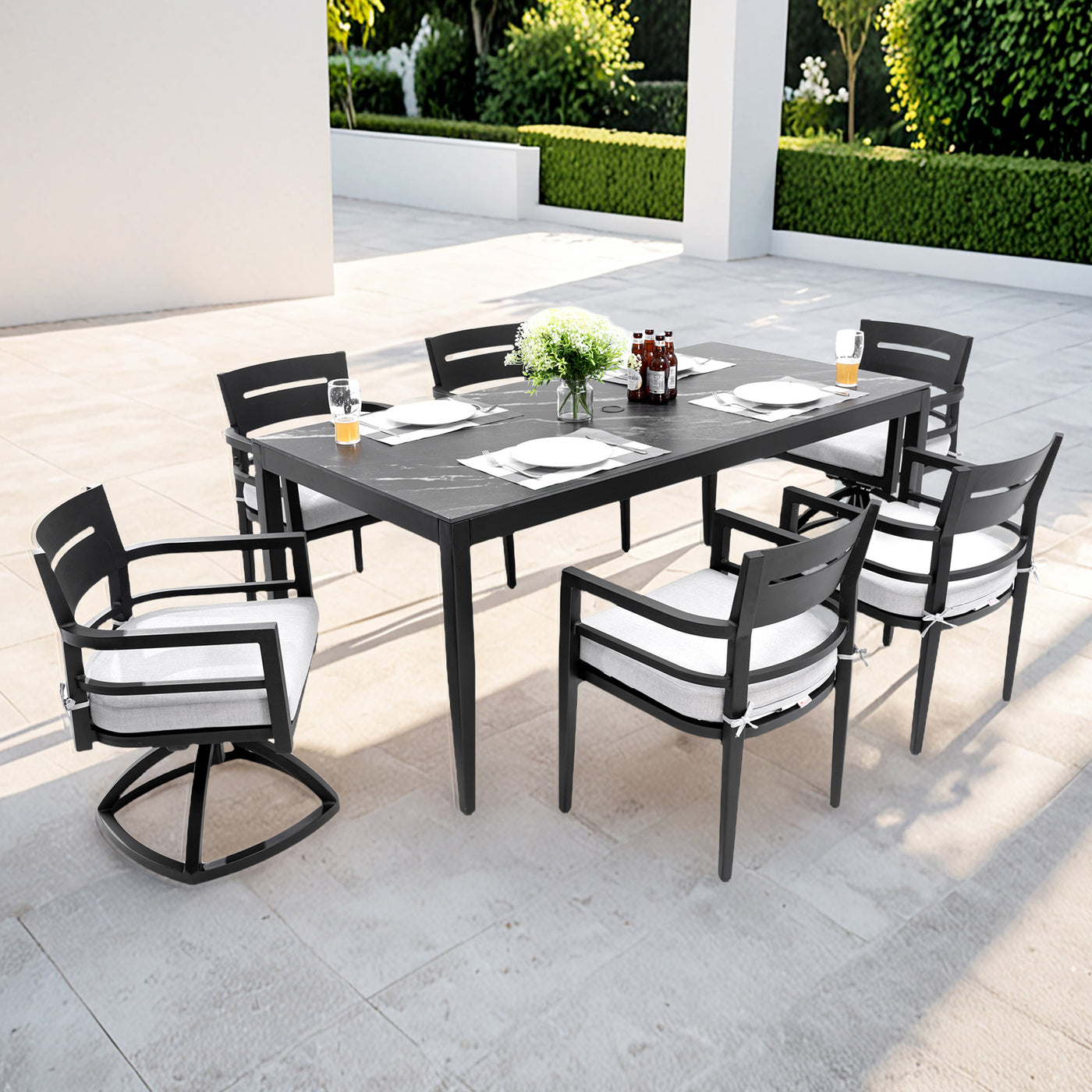 7PC Outdoor Patio Dining Set 35.5"x71" Table Chairs Rockers