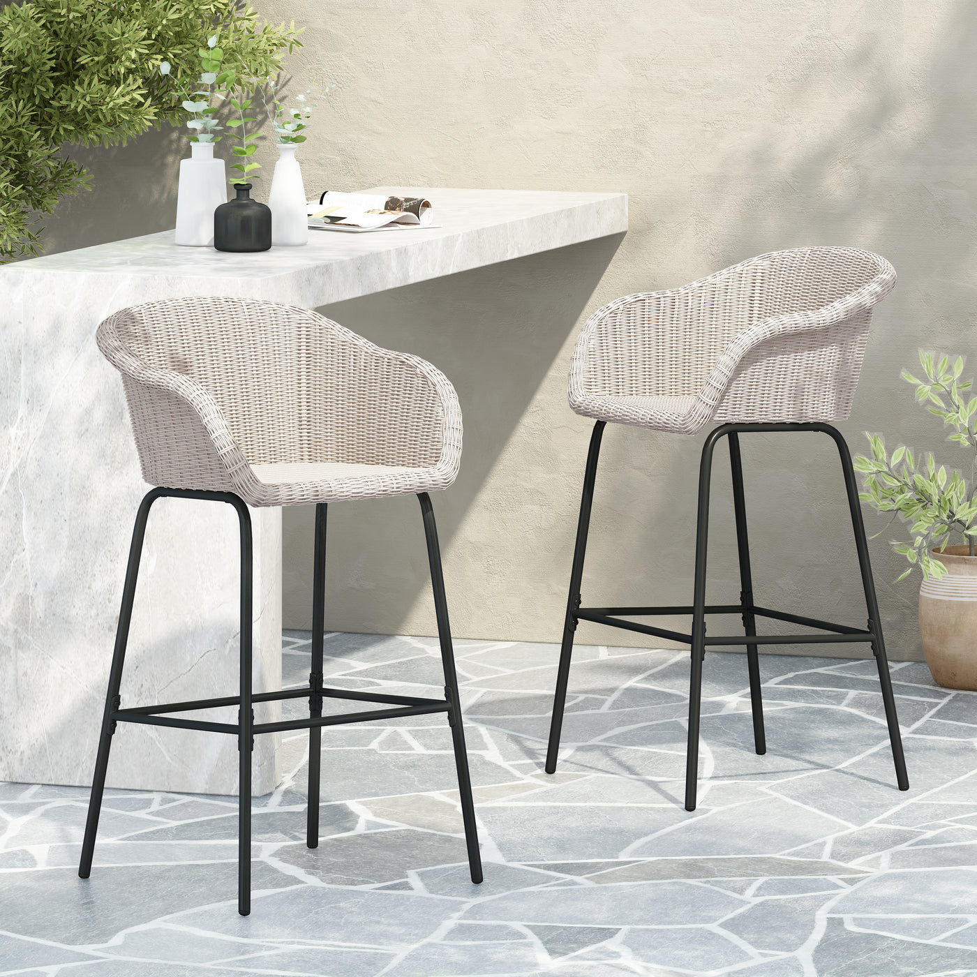Ladd Outdoor Metal Wicker Barstool Set of 2, Light Gray