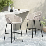 Ladd Outdoor Metal Wicker Barstool Set of 2, Light Gray