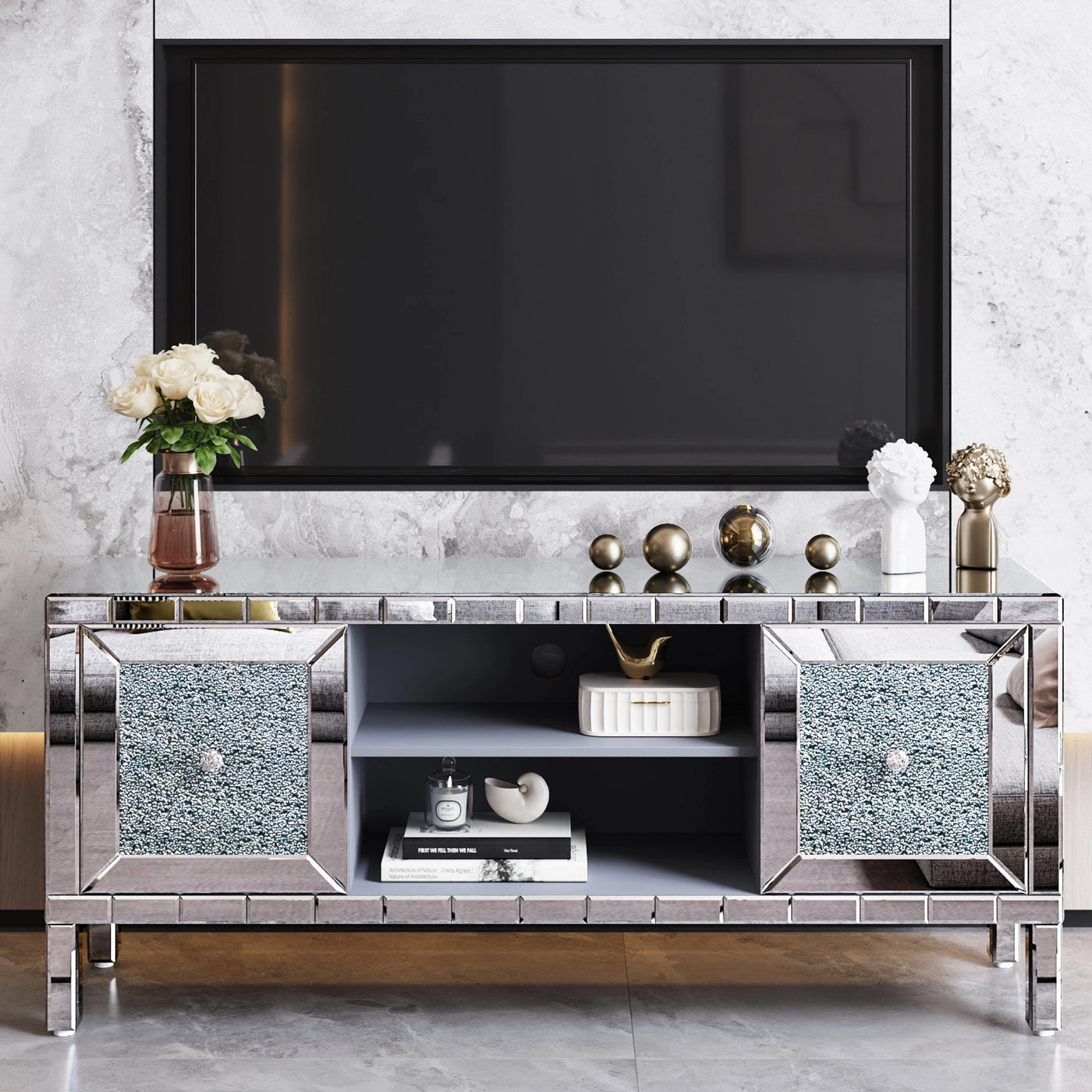 TV Stand Mirrored Crushed Diamond Glass Silver 59 In Fits 65 In TV