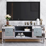 TV Stand Mirrored Crushed Diamond Glass Silver 59 In Fits 65 In TV