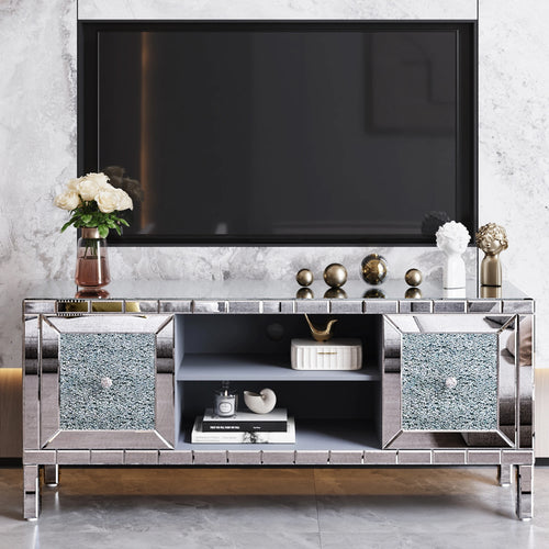 TV Stand Mirrored Crushed Diamond Glass Silver 59 In Fits 65 In TV
