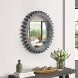 Wall Mirror Round Gear-Shape Wood Frame Dark Brown Vintage 16.5 In