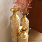 Set of 3 Gold Distressed Metal Vases with Vine Pattern 34