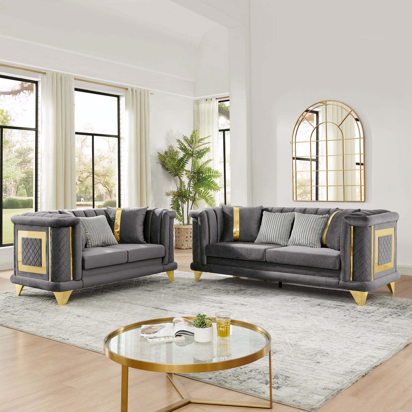 2Pcs Velvet Sofa Set 89" 3-Seater & 69" Loveseat Gray Tufted