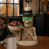 Halloween Skeleton Figurine with Storage Bowl & Candle Holder, Spooky Halloween