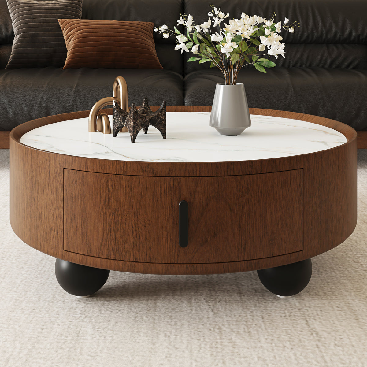 Round Solid Wood Coffee Table with Storage Bouguer Walnut/Brown