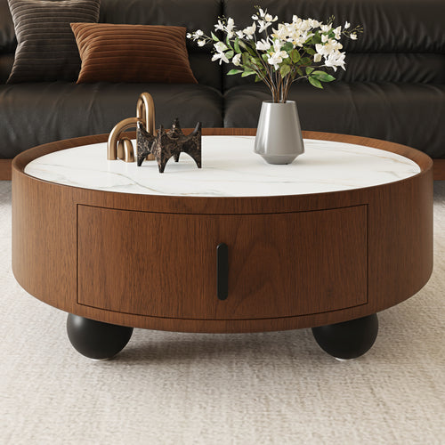 Round Solid Wood Coffee Table with Storage Bouguer Walnut/Brown