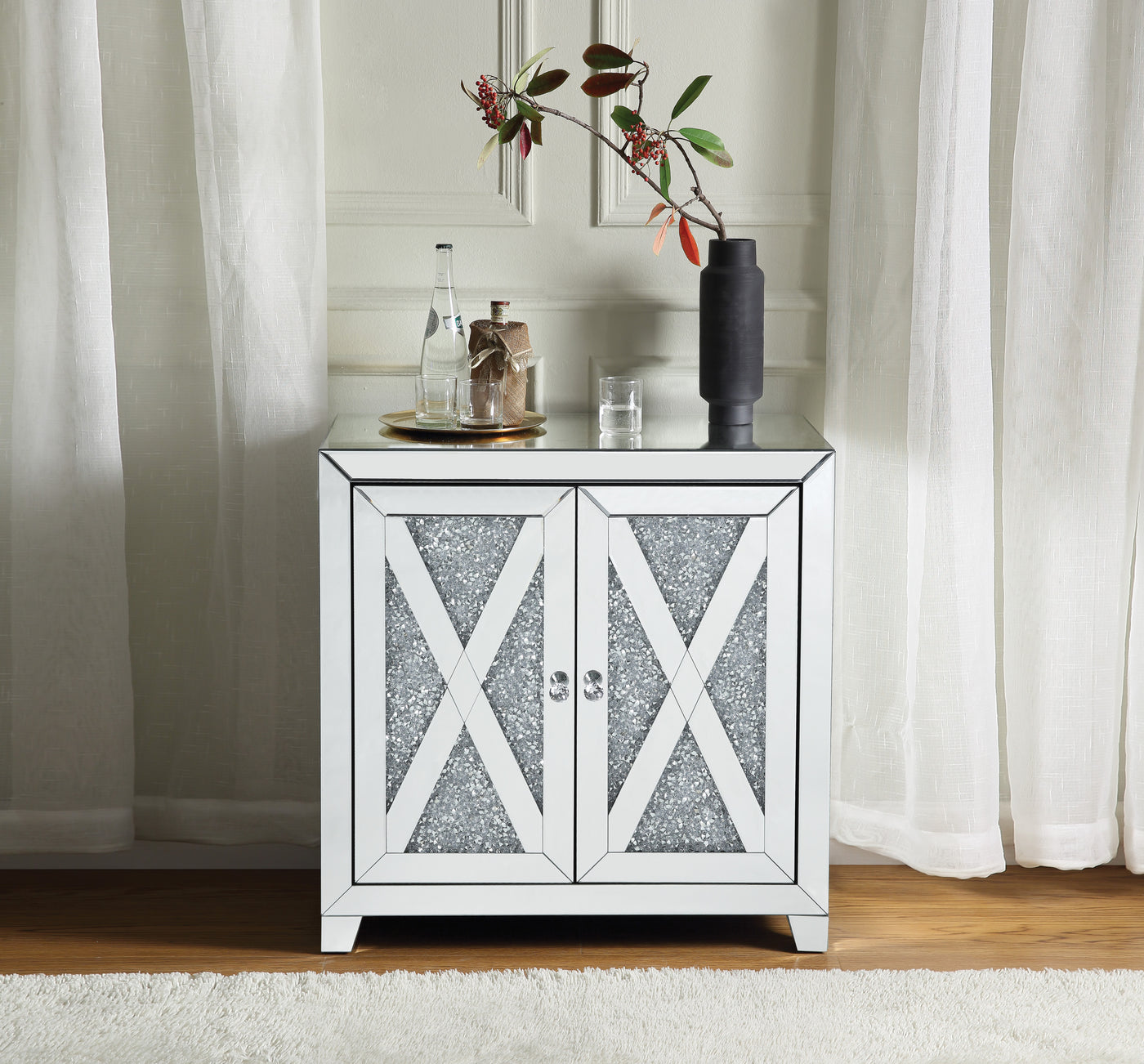 Mirrored Faux Diamond Console Cabinet