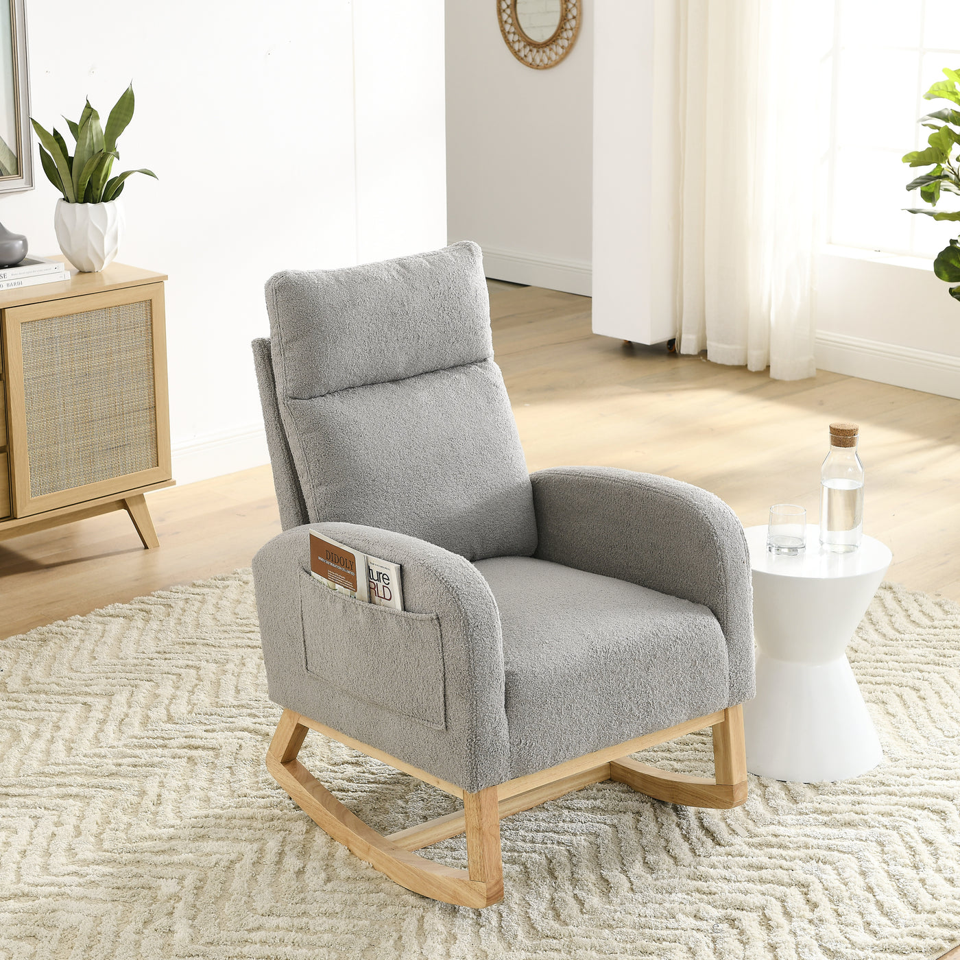Gray Teddy Fabric Rocking Chair High Back Side Pockets 27.6