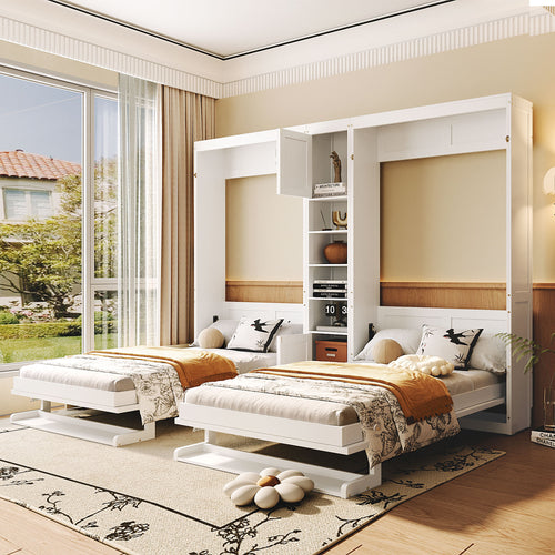Dual Twin size Wall Murphy Beds with Cabinets and Shelves, White(OLD