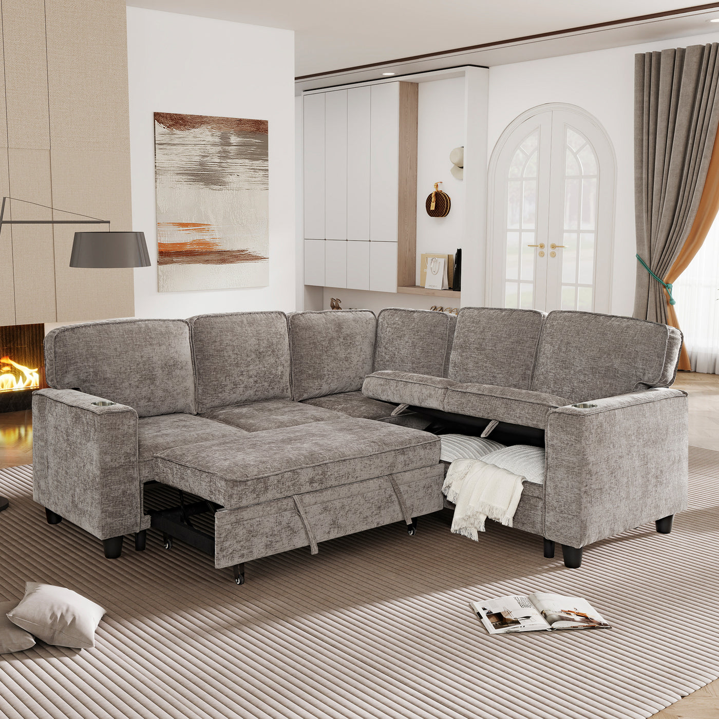 Sectional Sofa L-Shape Chenille Brown 5 Seat USB Ports Pull-Out 81 In