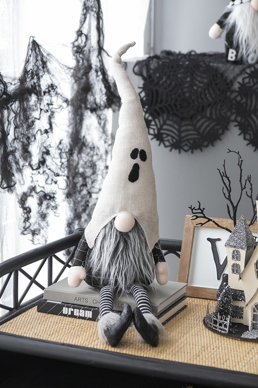 Set of 2, 8.3x4x31.5' Fabric Sitting Gnome w/ White Ghost Hat, for Halloween Dec