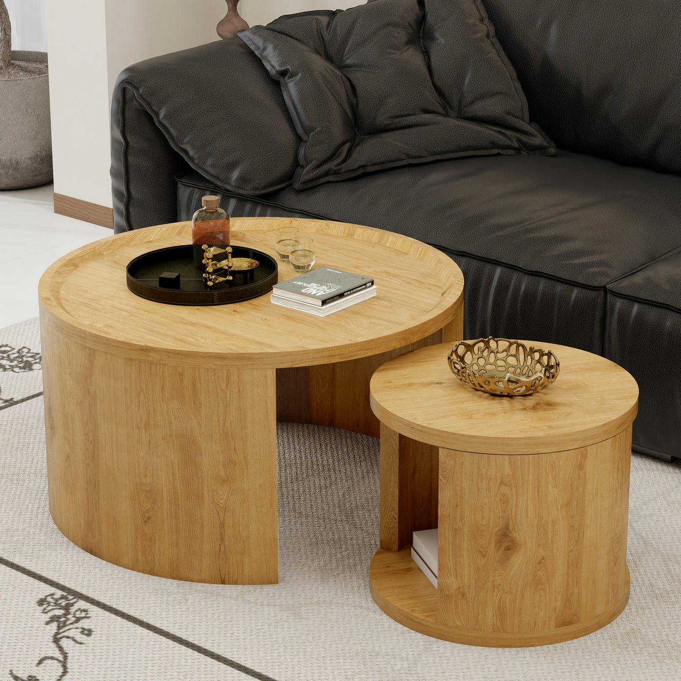 Round Nesting Coffee Table Set of 2, 31.5 and 18 in, Wood Top, Living Room