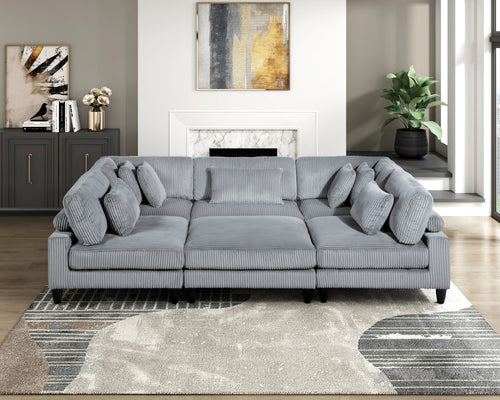 6pc Gray Corduroy Modular Sectional Sofa Set Ottoman