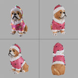 Christmas Pug Statue, Holiday Dog Figurine in Pink Santa Outfit