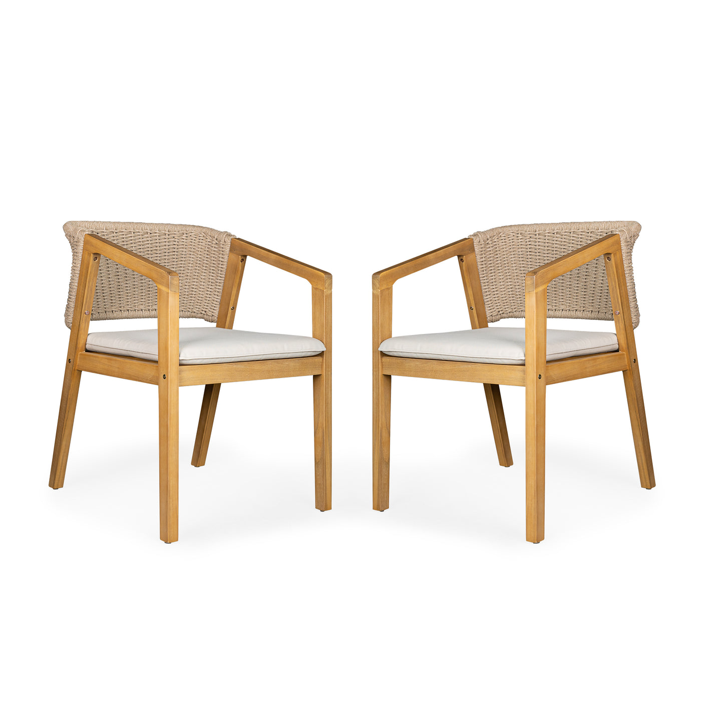 Patio Dining Chair Set of 2 in Light Teak with Rope Design Backrest, Acacia Wood and Water-Repellent Fabric