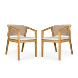 Patio Dining Chair Set of 2 in Light Teak with Rope Design Backrest, Acacia Wood and Water-Repellent Fabric