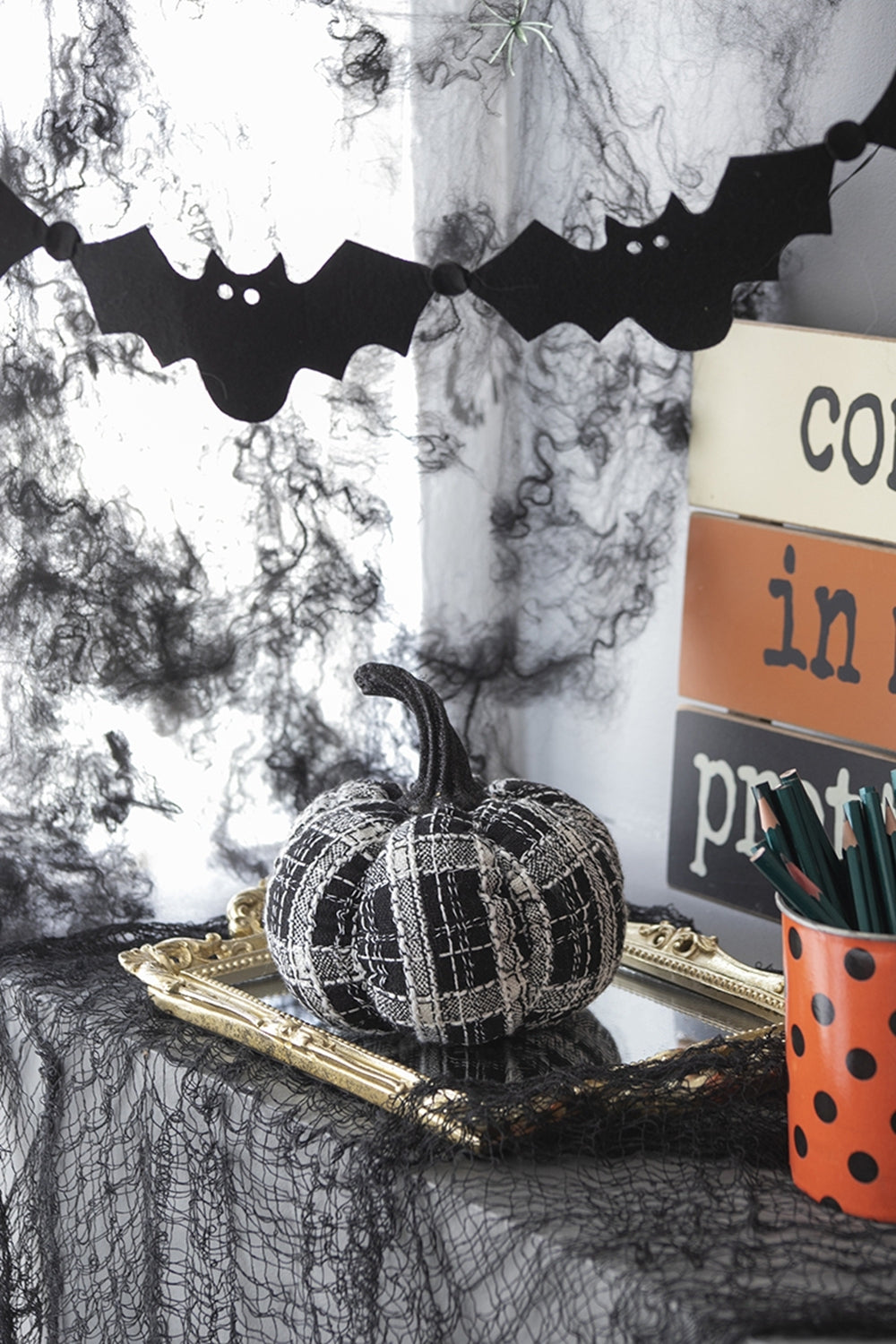 Set of 2, 7x7x7' Fabric Light Black White Plaid Pumpkin, for Holiday Halloween D