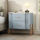 Modern Fluted Nightstand with 2 Drawers, Gold Metal Legs and Handles, Blue