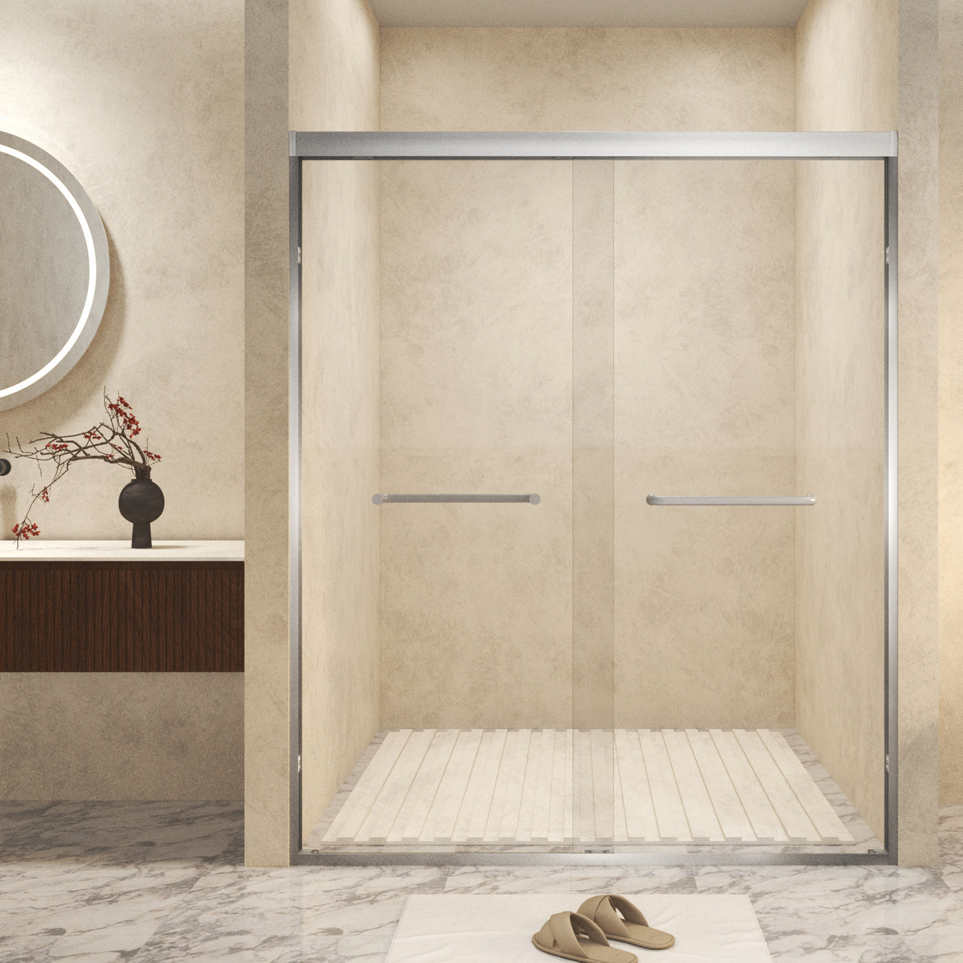 56-60in x 72in Aluminum Frame Double Sliding Shower Door, Brushed Nickel, 6mm